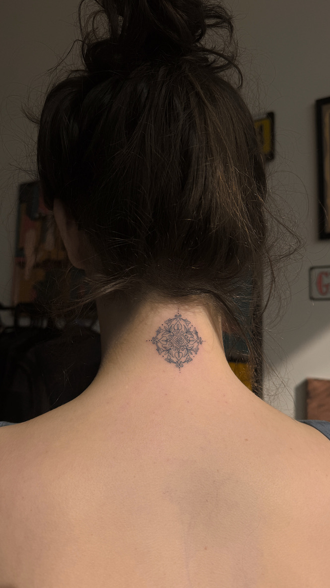 Small azulejo tile tattoo on neck, Portuguese fine line ornamental tattoo Porto