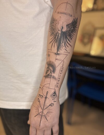 Fine line forearm sleeve tattoo with angel wings and sacred geometry, detailed geometric tattoo Porto