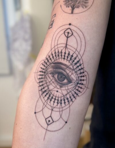 Fine line eye tattoo with sacred geometry on forearm, geometric spiritual tattoo Porto