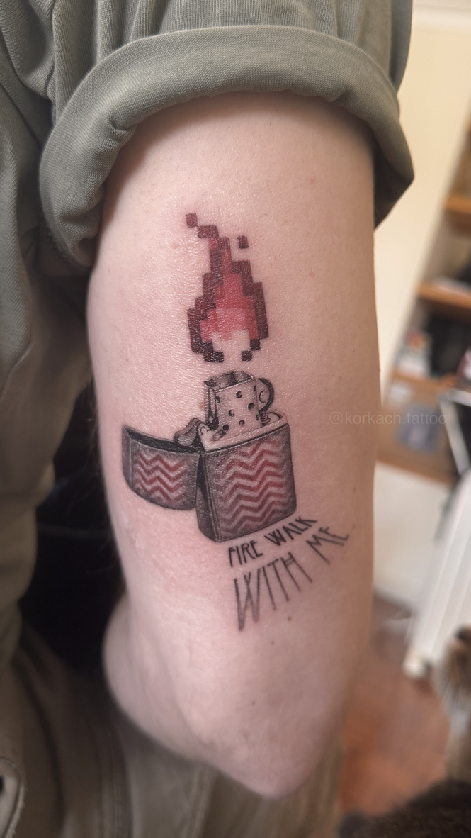 Realistic lighter tattoo with pixel flame on arm, small fine line object tattoo Porto