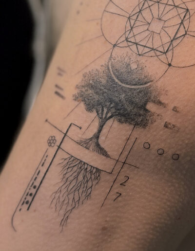 Fine line tree tattoo with roots and sacred geometry, meaningful nature tattoo Porto