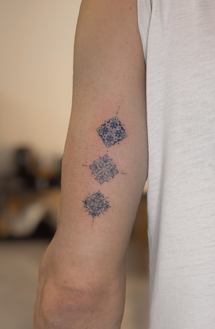 Small azulejo tile tattoo on arm, Portuguese tile fine line tattoo Porto