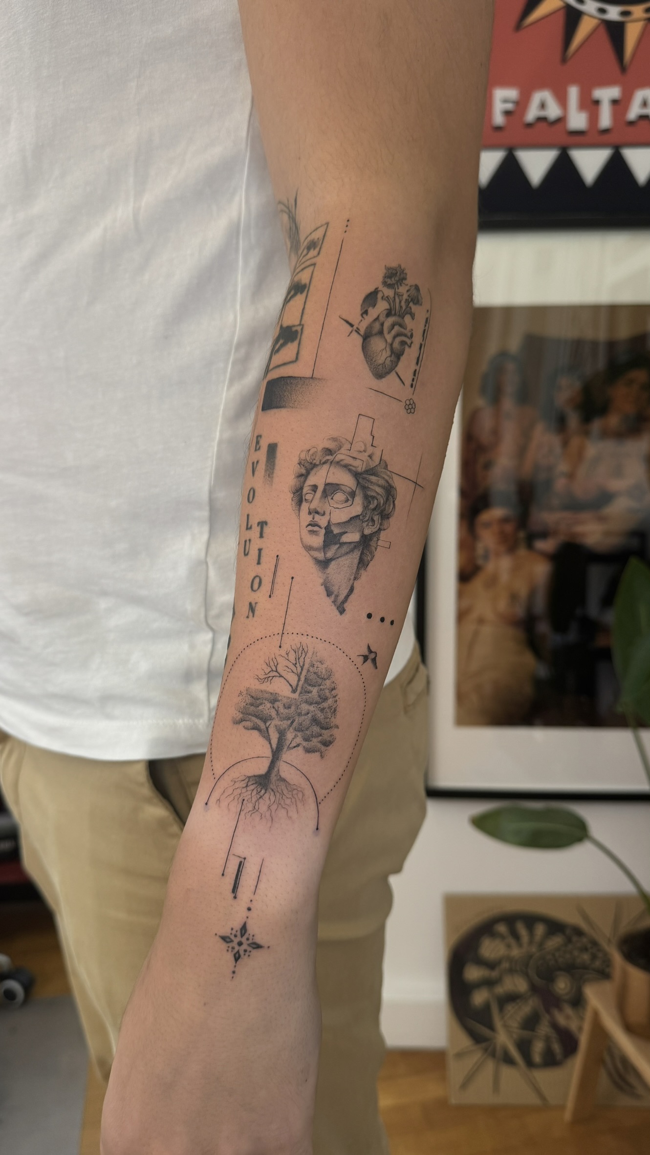 Fine line patchwork sleeve tattoo on forearm in Porto Portugal by KORKACH Kateryna, micro realism and ornamental elements