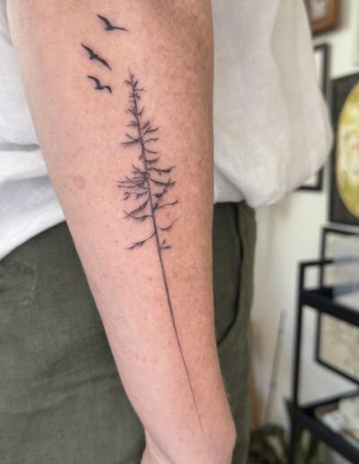 Fine line botanical tattoo with birds on forearm in Porto Portugal by KORKACH Kateryna, minimalist nature design